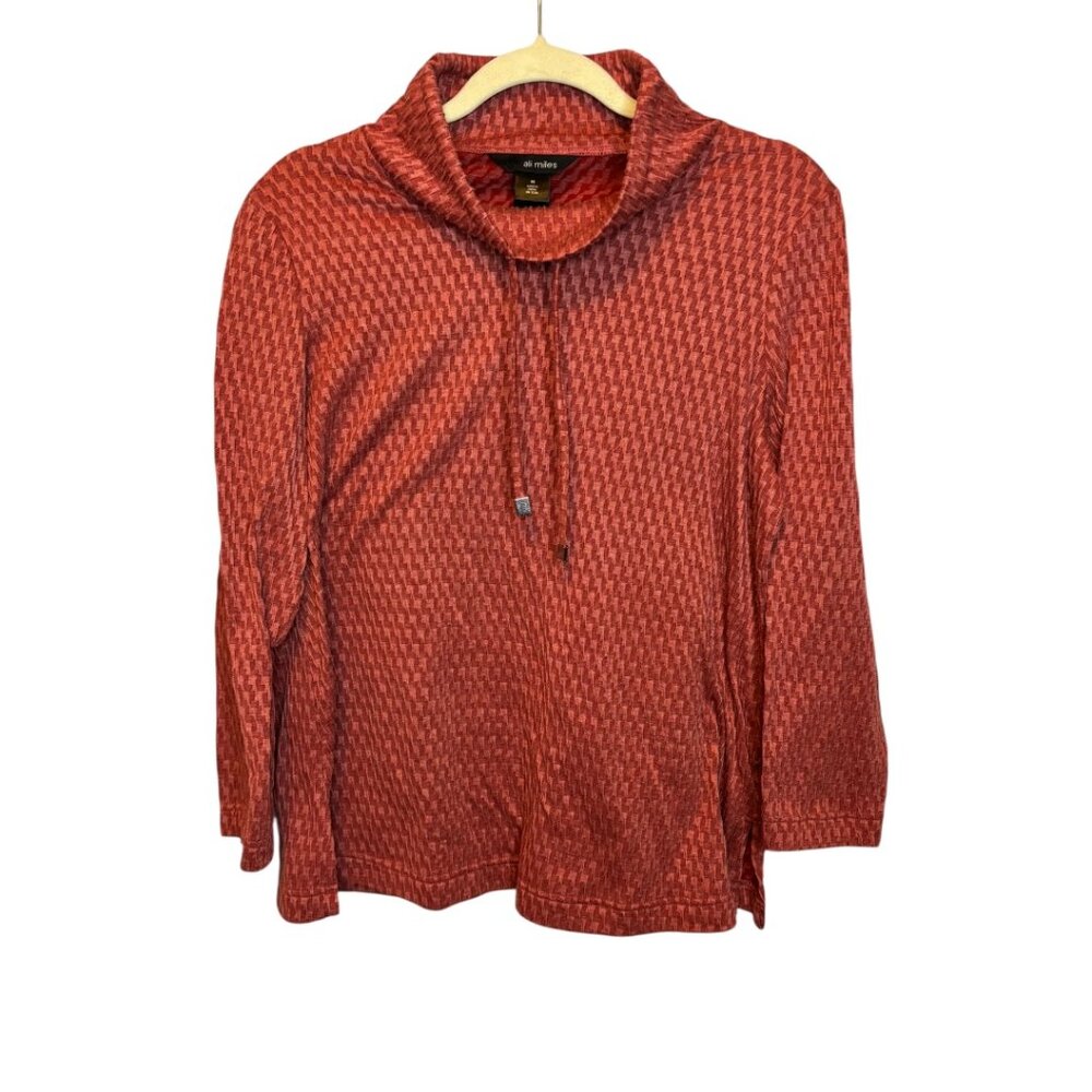 Ali Miles Shirt Women's Medium Cowl Neck Textured‎ Office Rust Brick Red
